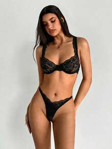 Aloruh 女士蕾丝性感钢圈文胸和内裤套装，适合外出穿着，打造坏蛋造型 - 黑色 - 查看 5