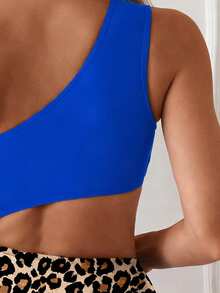 Swim Lushoire 女士连体泳衣，不对称肩部设计，纯色拼接豹纹印花，无袖，休闲舒适，适合度假游泳 - 彩色 - 查看 4