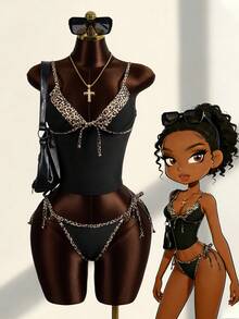 Zestiva Women's Leopard Print Lace-Up Spaghetti Strap Tankini Swimwear Set - Black - View 1