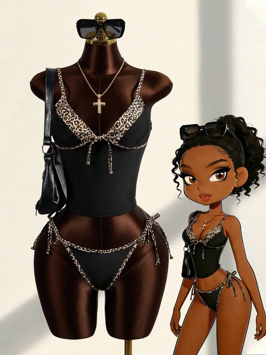 Zestiva Women's Leopard Print Lace-Up Spaghetti Strap Tankini Swimwear Set - Black - View 1