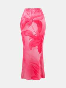 SHEIN Tween Girl Printed Asymmetric Asymmetrical Shoulder Short Sleeve T-Shirt And Midi Skirt 2-Piece Elegant Vacation Set - Hot Pink - View 7