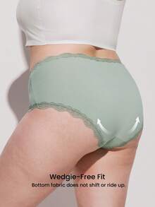 LUVLETTE Plus 3-Pack Lace Trim Cotton High-Waist Basic Briefs Women Underwear Panties Set- Floral Print Lace Trim-Green - Multicolor - View 2