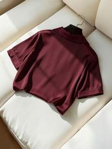 SHEIN Franclia 女士宽松V领衬衫，休闲日常穿着，适合约会、聚会、通勤、春夏穿着 - 酒紅色 - 查看 2