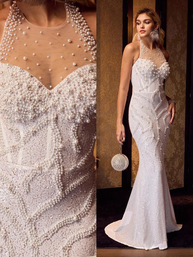 MOTF Soiréza WOMEN'S LUXURY FAUX PEARL BEADED HALTER SEXY ELEGANT MERMAID EVENING GOWN