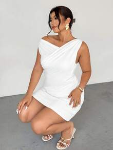 Firerie Plus Size Women's Elegant White Summer Dress, Minimalist Chic Party Daily Commute Vacation Asymmetric Neck Draped A-Line Mini Dress - White - View 2