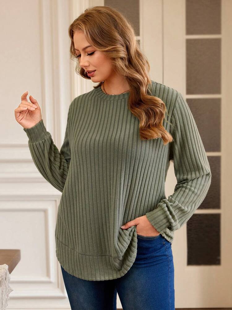Plus Size Solid Color Minimalist Crew Neck Long Sleeve T-Shirt Plus Size Long Sleeve Plus Size Solid Color Ribbed Knit T Shirt Plus Size Casual Tops Plus Size Jumper Plus Size Sweater