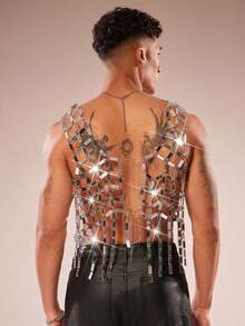 FeverCity 男士亮片镂空性感无袖背心 - 銀色 - 查看 2