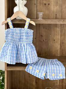 SHEIN 2件套女婴幼儿/新生儿0-3岁休闲日常可爱度假条纹蝴蝶结装饰吊带背心+短裤套装，春夏款 - 藍色 - 查看 4