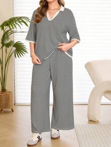 Rosumi 两件套加大码女式早春休闲条纹Polo衫和裤子套装 - 彩色 - 查看 5