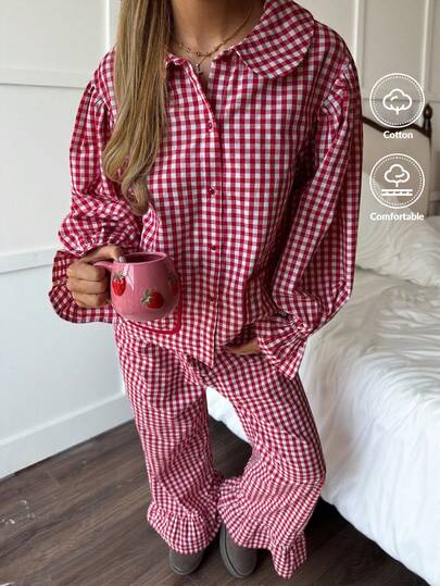 CovetEZ Valentine's Day Sweet Casual Home Fashion Outfits Women's Autumn And Winter Clothing For Home And Casual, Sweet And Clean Girl Christmas Pajamas, Christmas Clothes, Check Shirts, Plaid Light Pajamas, Plaid Shirts With Red Plaid Doll Collars, Ruffle Sleeves, Contrasting Pockets And Ruffled Plaid Trousers