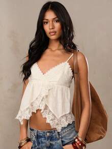 SHEIN BAE 女士米色亚麻面料假日休闲蕾丝刺绣拼接荷叶边吊带背心，适合作为亚麻上衣、度假上衣、沙滩上衣、休闲上衣、可爱上衣、夏季上衣 - 白色 - 查看 5