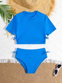 全新时尚少女纯色面料两件套泳衣套装 - 藍色 - 查看 4