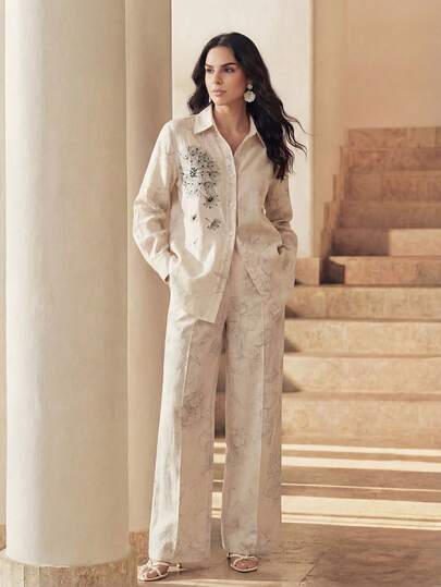  Anewsta Women's Spring/Summer Apricot Textured Floral Print Elegant 2-Piece Set, Long Sleeve Collared Open Front Fitted Shirt + Loose Straight Leg Pants, Shirt Front Accented With Black Rhinestones For Layered Design, Suitable For Daily, Casual Office, Holiday & Vacation Wear Women Suit Set