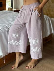 DAZY Quần pajama ống rộng dáng lửng in họa tiết retro dành cho nữ, thích hợp cho kỳ nghỉ biển. - Bụi tím - Xem 4