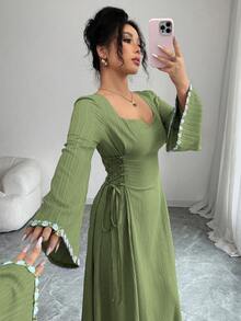 Yasmyna 女士编织紫色系带腰荷叶袖阿拉伯风格连衣裙 - 灰綠 - 查看 8