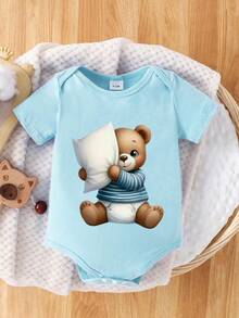 男婴休闲可爱卡通熊印花蓝色连体衣，男女通用，适合春夏穿着 - 淺藍色 - 查看 3