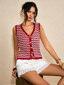 Poéselle Women's Knitted Cardigan, Fashion Spring/Summer New Arrival - Red and White - View 1