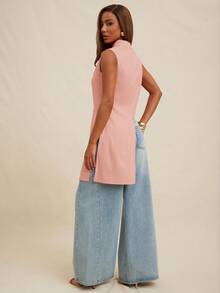 NYA SZN Top sin mangas con detalle de drapeado, fluido, modesto, de negocios, casual, básico, plisado, de iglesia, lindo, básico, elegante de otoño e invierno, adecuado para atuendos de oficina para mujeres - Rosado Sandía - Ver 2