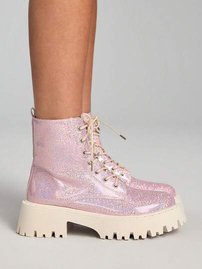 ROMWE Kawaii European Minimalist Chic Chunky Heeled Short Boots, Sparkling Pink Motorcycle Ankle Boots For Fall/Winter,Boots For Women