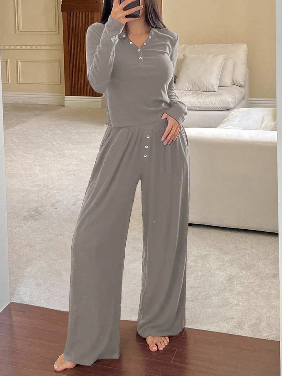 DAZY 2pcs Women Casual Knit Cardigan Top And Loose Pajama Pants Set, Comfortable Spring Loungewear - Grey - View 1