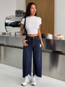 SHEIN PETITE Women's Loose Fit Distressed Pocket Flare Leg Casual Jeans - Dark Wash - View 5