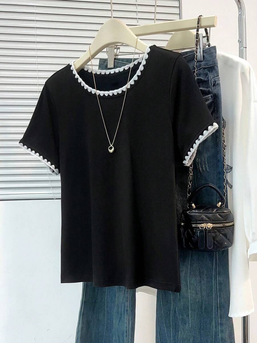 Resyla 女士休闲宽松装饰边短袖圆领T恤，黑色，夏季 - 黑色 - 查看 1