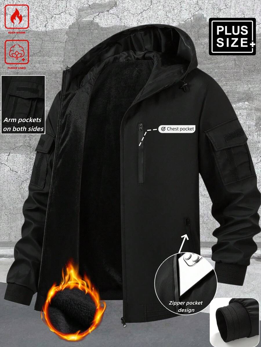 Manfinity Homme Plus Size Men's Long Sleeve Casual Zip-Up Hooded Jackets - Black - View 1