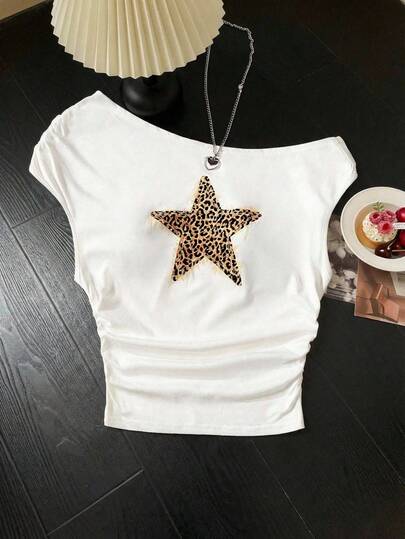 Teen Girls' White Knit Casual Pentagram & Leopard Print Asymmetric Ruched Cropped Camisole, Suitable For Spring/Summer, Casual, Personalized Styling, Daily & Street Wear