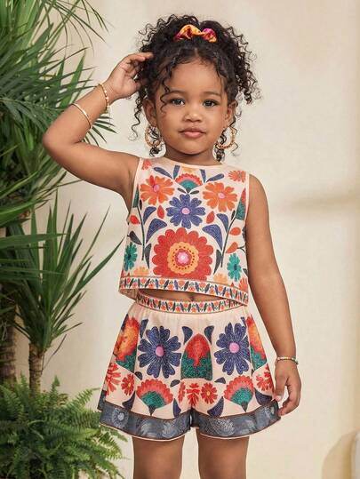SHEIN 2件套女婴休闲修身度假沙滩热带花卉印花圆领露脐无袖上衣和印花短裤套装