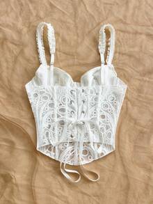 Soleia Plus Size Women's Elegant White Lace Hollow Out Supportive Camisole Top,Summer Beach & Resort,Date Night,Party,Graduation,Vacation Outfits Women - White - View 3