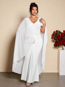 Cravure Plus Size Women Elegant V-Neck Ruched Waist Mermaid Hem Party Dress - White - View 4
