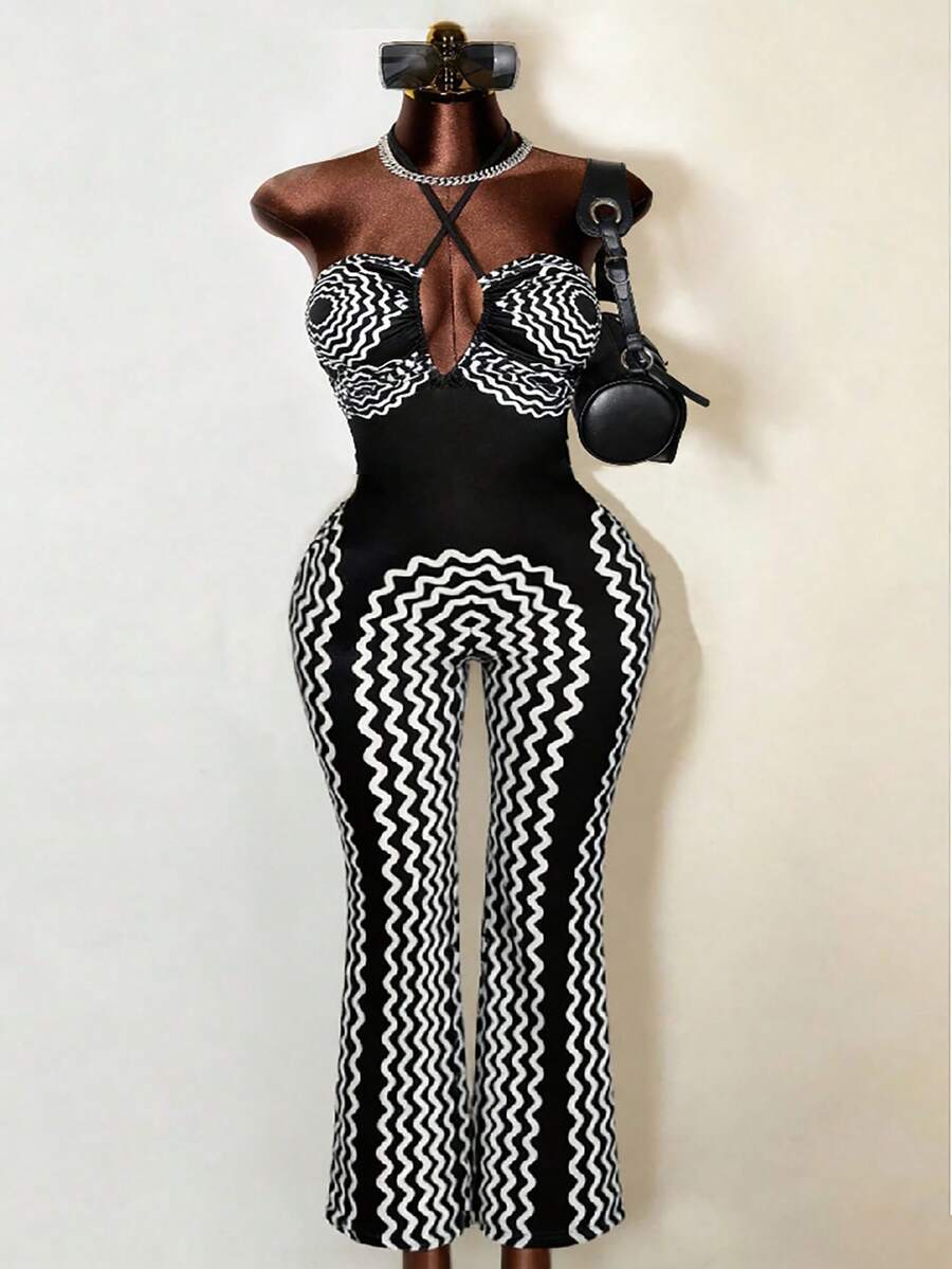 Lureya 女士时尚系带露背镂空性感针织面料渐变线条印花紧身连体裤，青春魅力性感，适合日常穿着、音乐节、派对、宴会、春夏场合。 - 彩色 - 查看 1