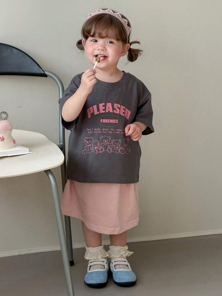 Baby Girls' Casual Loose Fit Cartoon Letter Print Round Neck Top, Korean Style Summer Toddler Girls Clothes