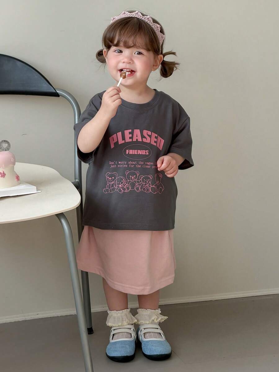 DAZY Toddler Girls' Casual Loose Fit Cartoon Letter Print Round Neck Top, Korean Style - Grey - View 1