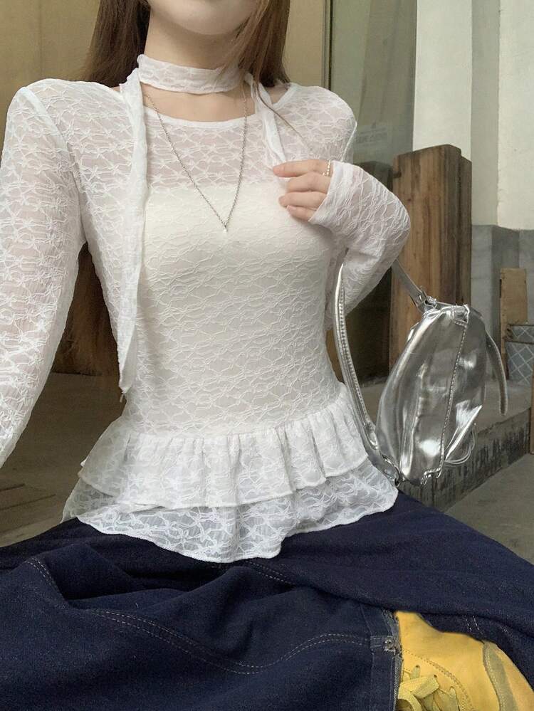 Women's Sheer Lace Ruffle Collar Long Sleeve T-Shirt, Sexy Vibe Lightweight Sun Protection Versatile Top