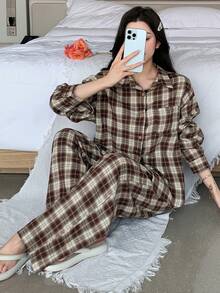 DAZY 2pcs Women Plaid Pajama Set, Loose Fit Shirt And Pants, Suitable For Autumn/Winter And Christmas - Coffee Brown - View 4