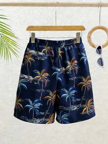 SHEIN 青少年男童弹力腰带椰子树印花休闲度假泳裤 - 彩色 - 查看 2