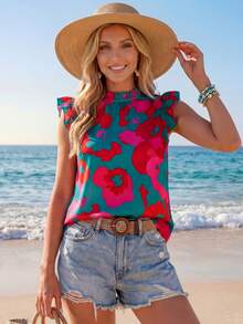 Sylviya Women Casual Random Printed Flounce Sleeve Blouse Summer - Multicolor - View 1