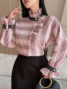 DAZY 女士休闲条纹撞色拼接荷叶边不对称衬衫，春夏款 - 粉色 - 查看 3