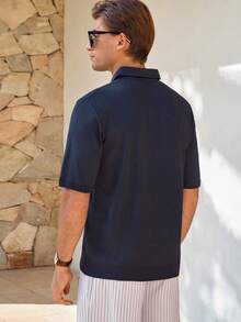 Manfinity CityGents Men's Half-Zip Raglan Short Sleeve Casual Loose Knit Sweater - Navy Blue - View 5