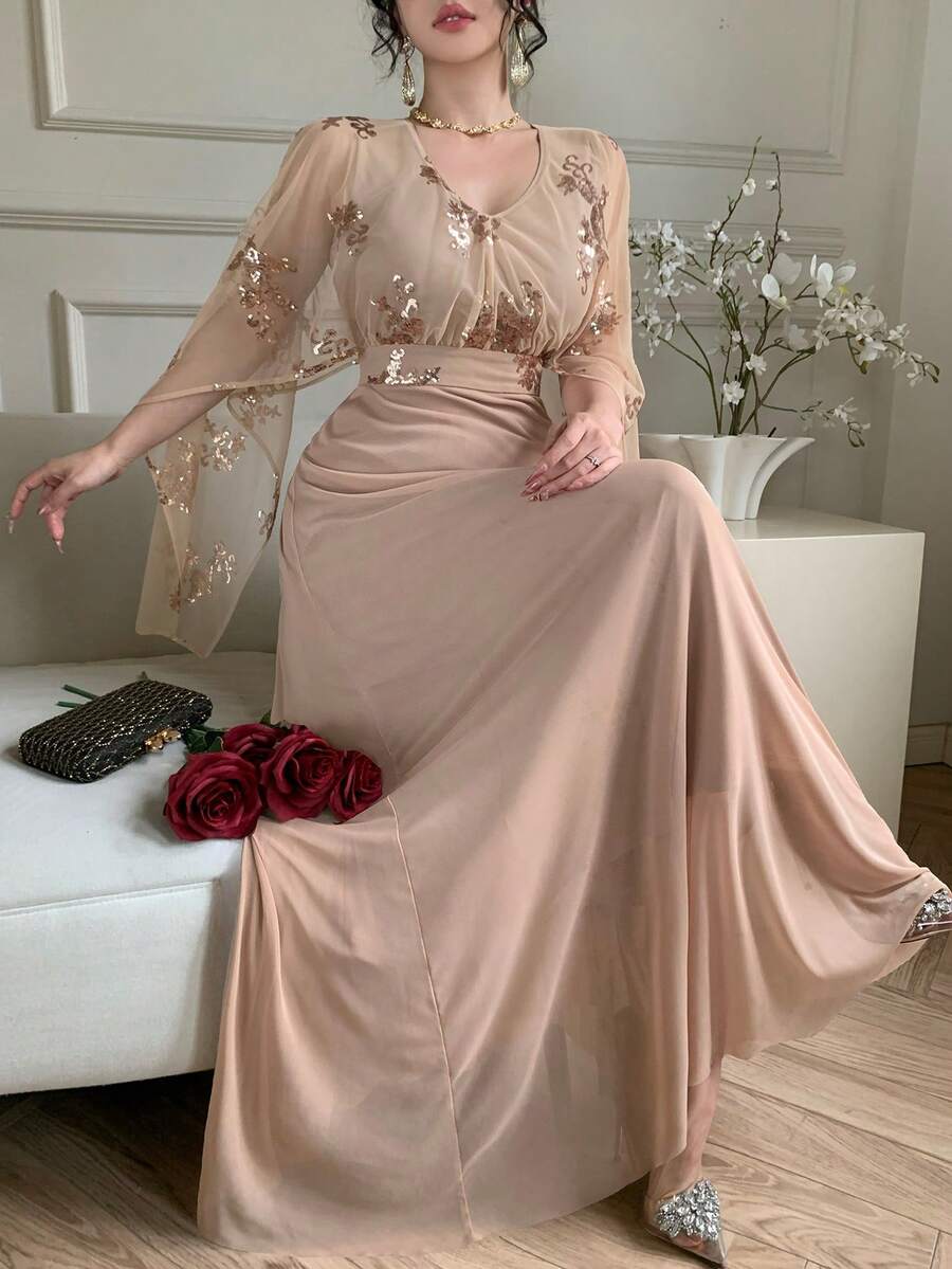 Elegant paljettblommig v-ringad volangklänning med mellanlång ärm, vår/sommar, klänning för bröllopsgäster, sommarklänning - Aprikos - Visa 1