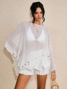 Poéselle 女士纯色弹力腰刺绣镂空花卉短裤 - 白色 - 查看 5