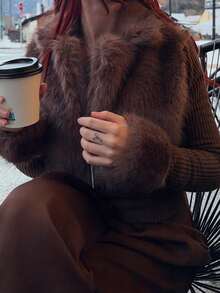 Abrilcols 时尚街头风格女士仿皮毛拉链长袖夹克 - 棕色 - 查看 4