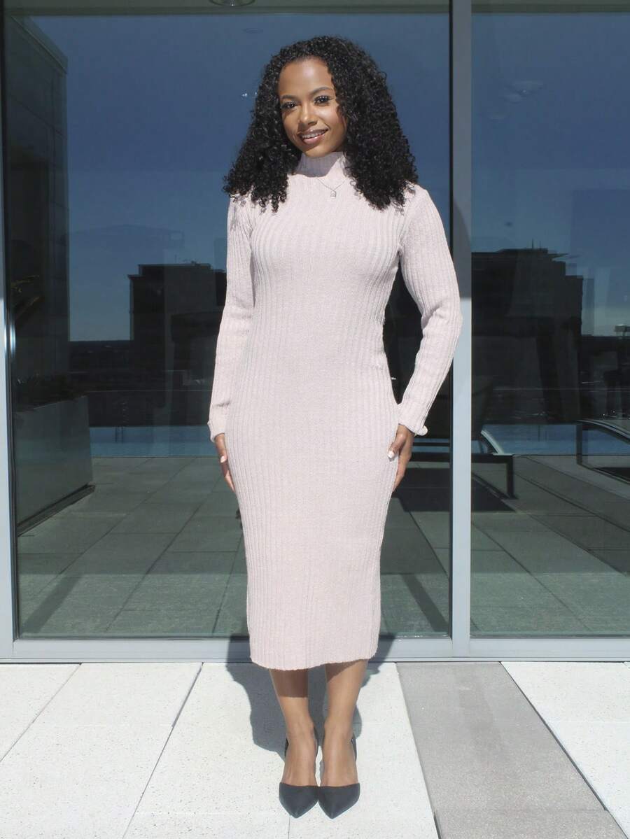 Steph T Mock Neck Ribbed Knit Sweater Dress In Fall/Winter - Khaki - View 1