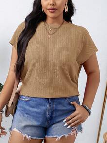 SHEIN LUNE 大码女式夏季休闲日常通勤简约百搭纯色纹理面料蝙蝠袖短袖上衣 - 卡其色 - 查看 5