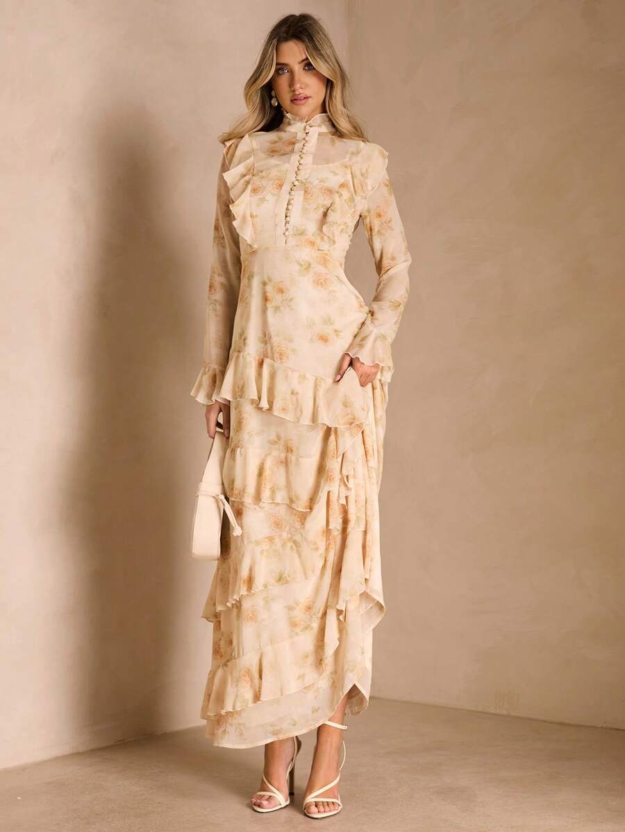 Enchnt 时尚优雅修身不对称荷叶边下摆连衣裙 - 杏色 - 查看 1