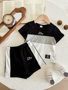 LMoss Kids LMoss Baby Boys' Contrast Color Round Neck Short Sleeve Casual T-Shirt & Shorts Set, 2 Piece Black Summer Boy Outfit Sets For Toddler Beach - Multicolor - View 5