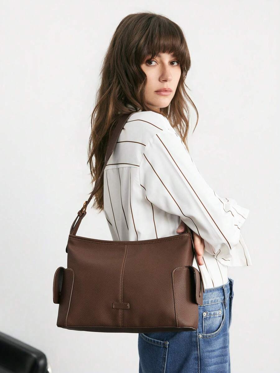 SHECARRY 女士单肩包，柔软鹅卵石纹PU皮革斜挎包 - 咖啡 - 查看 1