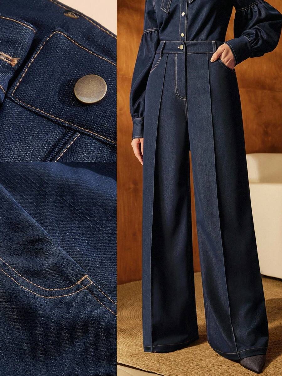 Anewsta Petite Women's New Urban Chic Retro Casual Relaxed High Waist Flared Ankle Length Pants - Dark Wash - View 1