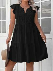 SHEIN LUNE Vestido casual de verano de talla grande con parches de encaje de unicolor - Negro - Ver 6